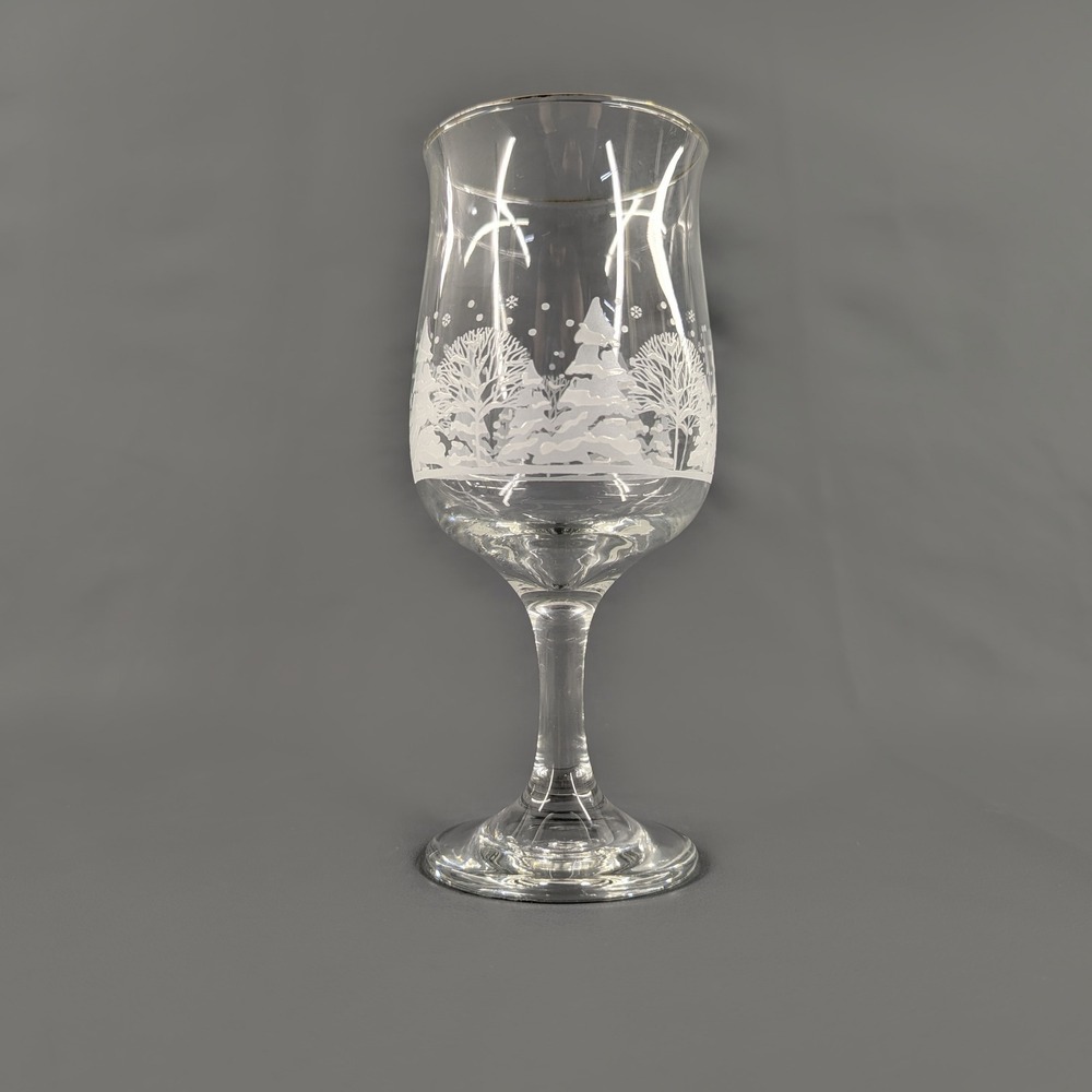 Vintage Frosted Winter Forest Gold Rim Stemmed Water Goblets Set of 6